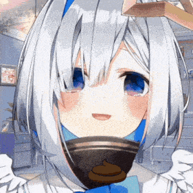 a girl with white hair and blue eyes is holding a bowl of poop