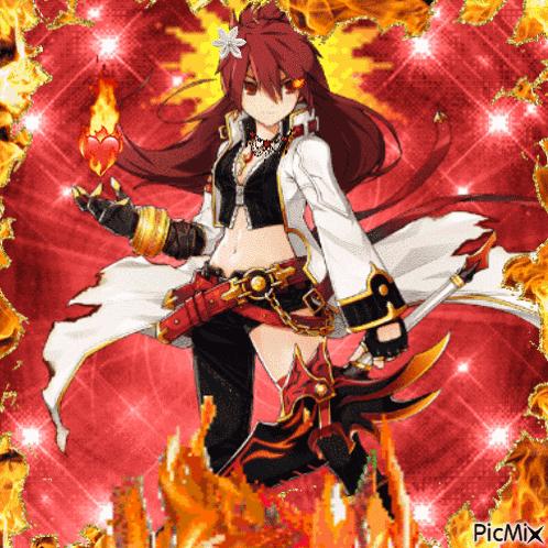 a girl with long red hair is holding a heart and a sword in front of a fire background