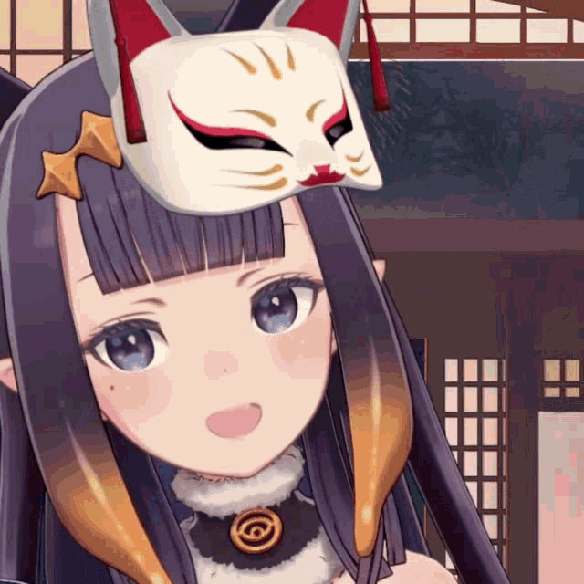 a girl wearing a cat mask on her head
