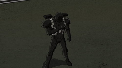 a cartoon drawing of a man in a black suit flying through the air