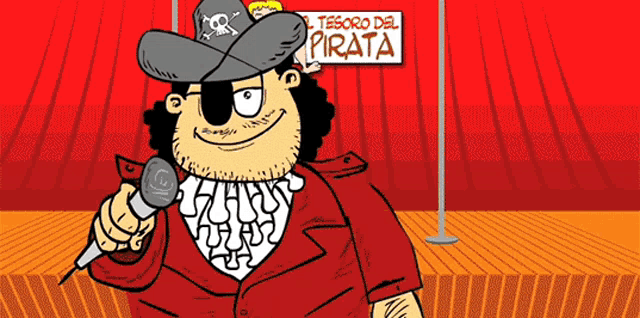a cartoon character holding a microphone in front of a sign that says tesoro del pirata