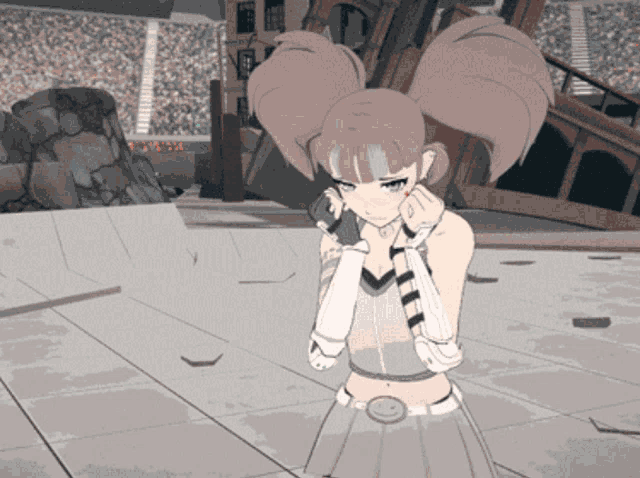 a cartoon drawing of a girl with pigtails and a belt that says ' a ' on it