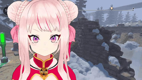 a girl with pink hair and purple eyes is in a game
