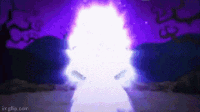 a person is standing in front of a purple background with a purple light coming out of it .