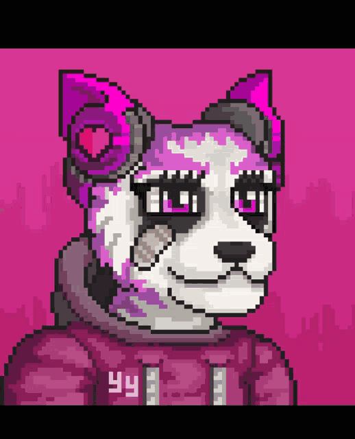 a pixel art of a husky wearing headphones and a jacket with the number 44 on it