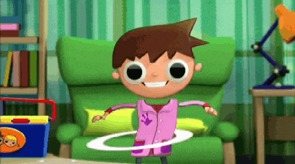 a cartoon character is playing with a hula hoop in front of a green couch