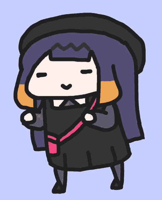 a drawing of a girl with purple hair and a pink strap around her waist