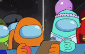 a cartoon of a group of among us characters sitting around a table .