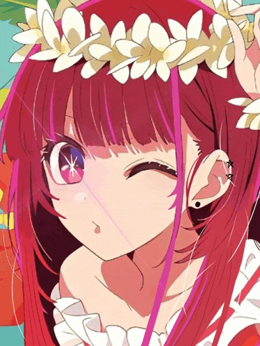 a close up of a girl with red hair and a flower crown on her head