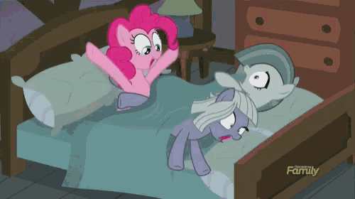 a cartoon of pinkie pie standing next to a pony on a bed with the word family on the bottom