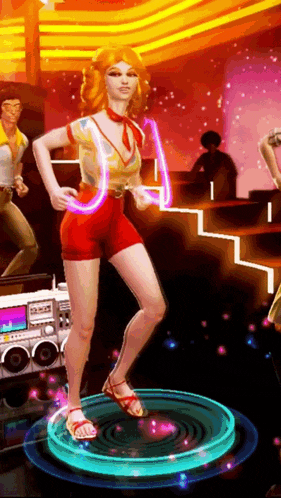 a woman is dancing in front of a boombox that says ' pioneer ' on the front