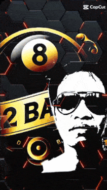 a man wearing sunglasses stands in front of a pool ball and a sign that says 2 ba