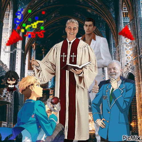 a man in a robe with crosses on it is surrounded by other people