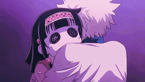 a man and a girl are hugging each other in a cartoon .