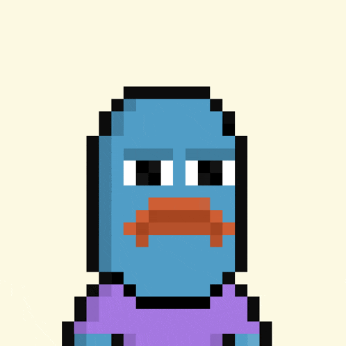 a pixel art drawing of a blue duck with a purple shirt on