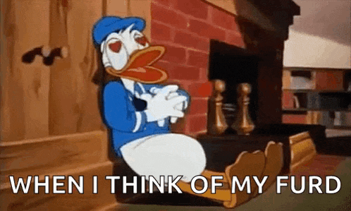 donald duck is sitting on a couch in front of a fireplace and says `` when i think of my furd ''