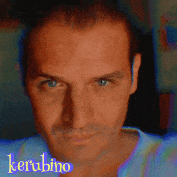 a close up of a man 's face with the name kerubino in the corner