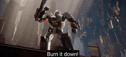 a robot is holding a gun in front of a city and says burn it down .
