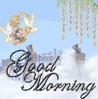 a greeting card that says " good morning " with flowers and doves