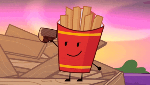 a cartoon drawing of french fries with a face and arms