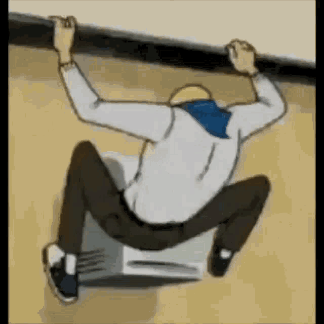 a cartoon of a man climbing up a wall with his hands .