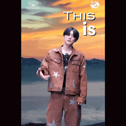 a man in a brown jacket and pants stands in front of a cloudy sky with the words " this is " on the bottom