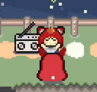 a pixel art of a person wearing a red cat costume holding a radio .