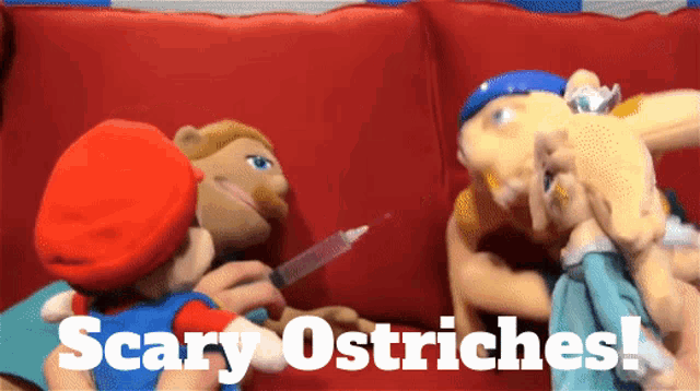 scary ostriches written on a red couch with mario holding a syringe