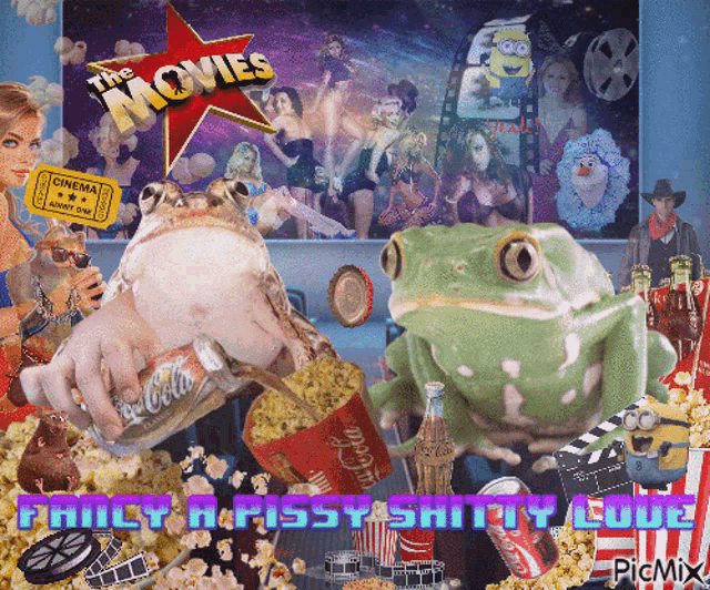 a frog is holding a bottle of coca cola in front of a movie poster