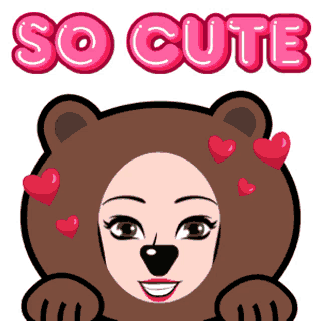 a cartoon of a bear with hearts on its head and the words so cute above it