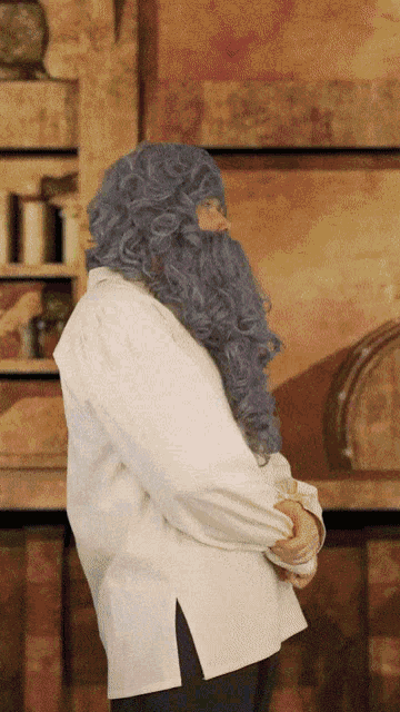 a man with a beard and wig is standing in front of a wall