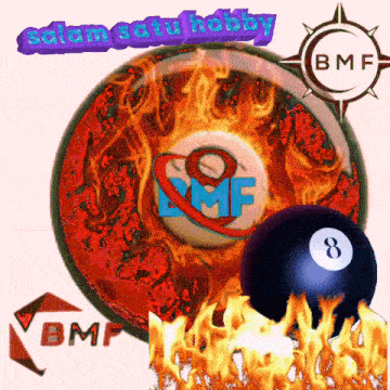 a bmf logo is surrounded by flames and a 8 ball