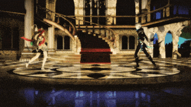 a man and a woman are dancing in a room with a staircase in the background