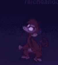 a cartoon monkey is dancing in a dark room with a purple background .