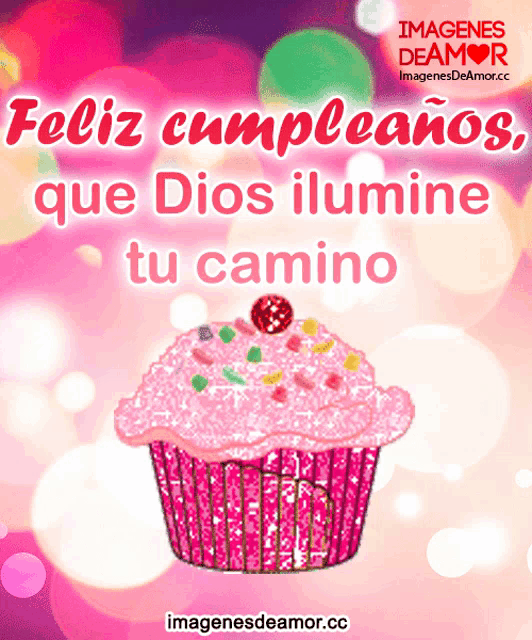 a pink cupcake with the words feliz cumpleanos que dios ilumine tu camino on the bottom