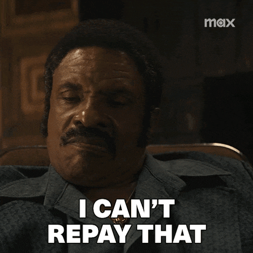 a man with a mustache says i can 't repay that in front of a max logo