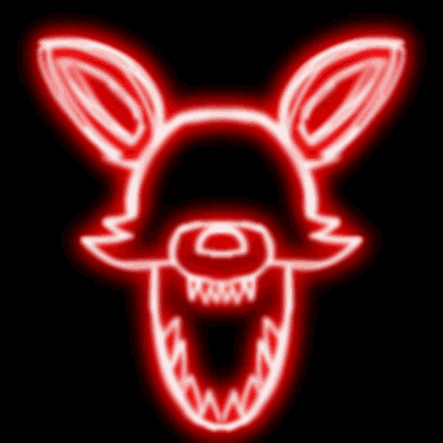 a red glowing drawing of a fox 's head with teeth on a black background