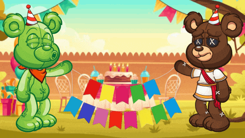 a green gummy bear and a brown teddy bear are standing next to each other