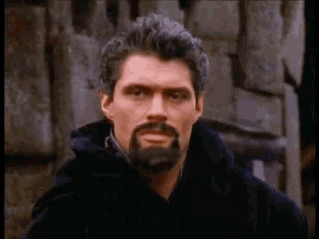 a man with a beard and a black coat is standing in front of a stone wall and looking at the camera .