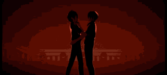 two anime characters standing next to each other with a red background