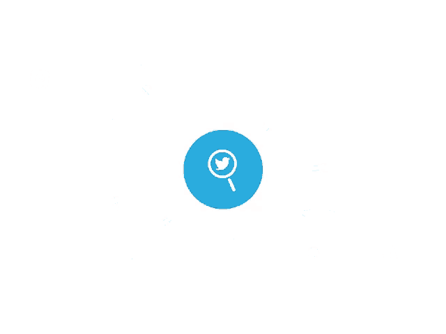 a blue circle with a magnifying glass and a twitter logo in the middle