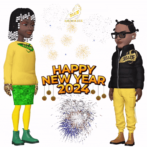 a couple of dolls standing next to each other with the words happy new year 2024