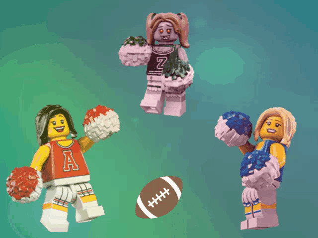 three lego cheerleaders holding pom poms and a football