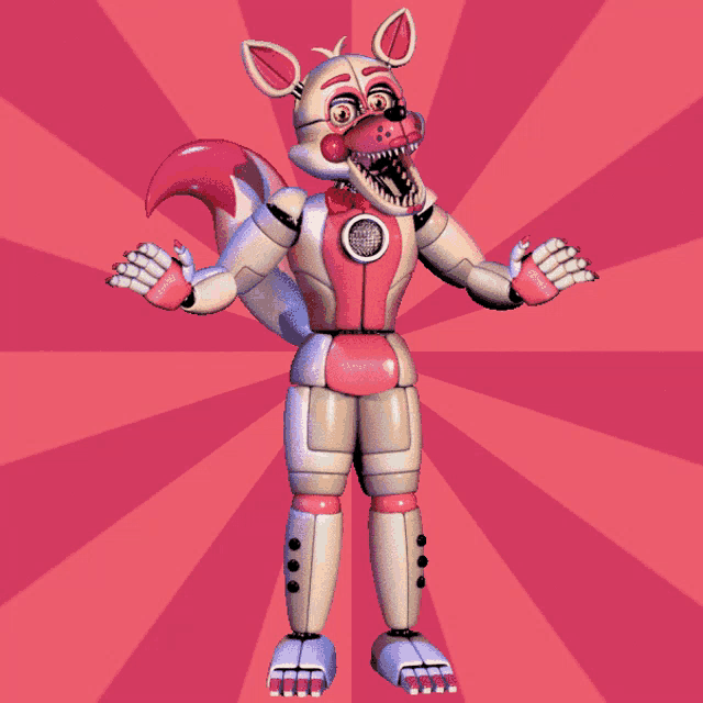 a pink and white robot with its mouth open