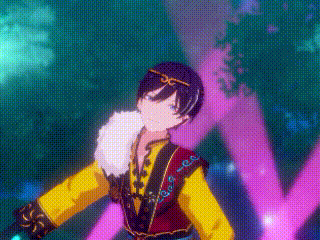 a person in a yellow and red outfit is standing in front of a purple light .