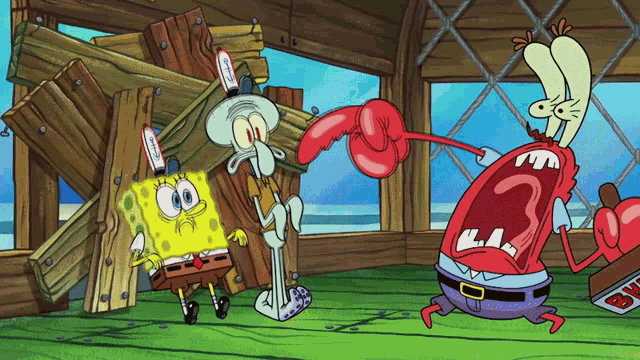 a cartoon of spongebob squarepants squidward and krabby krab