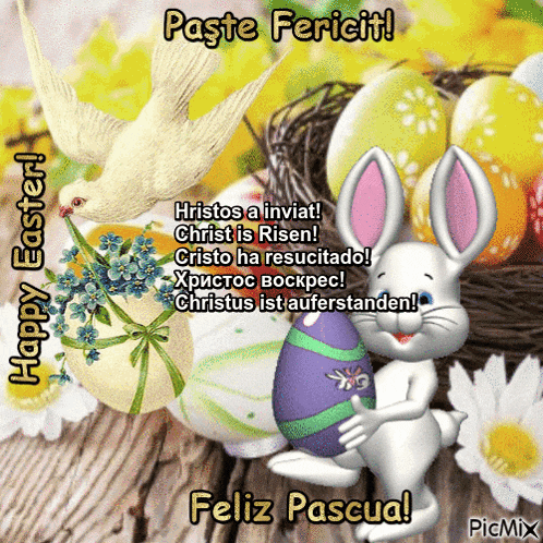 a picture of a bunny holding an easter egg with the words paste fericit on it