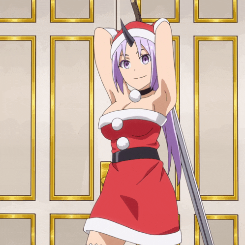 a girl with purple hair is wearing a santa claus outfit and holding a sword