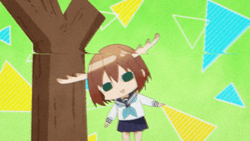 a girl with antlers on her head stands next to a tree