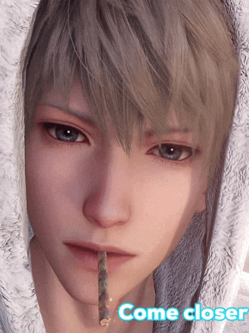 a close up of a person 's face with the words " come closer " below it